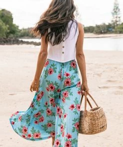 PUP49 Cassatt Wide Leg Pants - Blue Floral Clothing