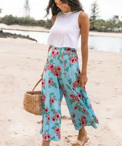 PUP49 Cassatt Wide Leg Pants - Blue Floral Clothing