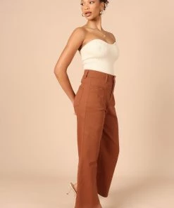 PUP51 Georgette High Waisted Straight Leg Pants - Brown