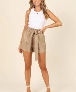 PUP65 Paige Faux Leather Shorts - Taupe Clothing