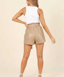 PUP65 Paige Faux Leather Shorts - Taupe Clothing