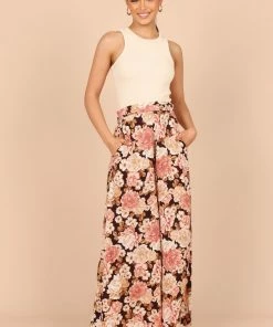 PUP50 Tamara High Waisted Wide Leg Pants - Peach Floral Wedding Guest