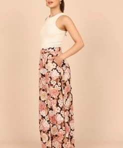 PUP50 Tamara High Waisted Wide Leg Pants - Peach Floral Wedding Guest
