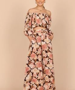 PUP50 Tamara High Waisted Wide Leg Pants - Peach Floral Wedding Guest