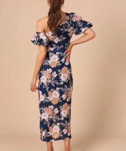 PUP44 Cleobella One Shoulder Midi Dress - Navy Floral