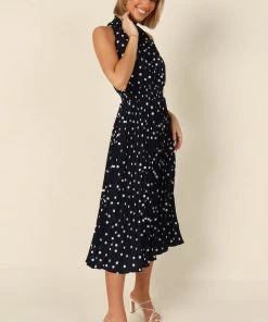 PUP52 Dresses Deanna Pleat Dress - Navy Spot