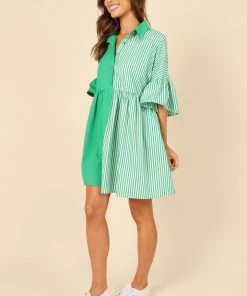PUP3 Didi Frill Mini Dress - Green Stripe