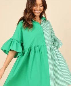 PUP3 Didi Frill Mini Dress - Green Stripe