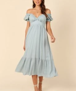 PUP66 Elidy Short Puff Sleeve Maxi Dress - Dusty Blue Dresses