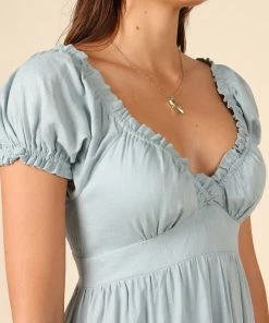 PUP66 Elidy Short Puff Sleeve Maxi Dress - Dusty Blue Dresses