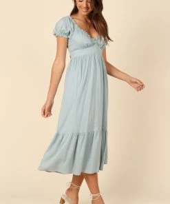 PUP66 Elidy Short Puff Sleeve Maxi Dress - Dusty Blue Dresses