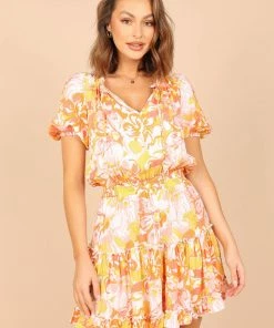 PUP51 Feliz Shirred Waist Mini Dress - Coral Floral Dresses