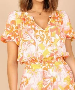 PUP51 Feliz Shirred Waist Mini Dress - Coral Floral Dresses