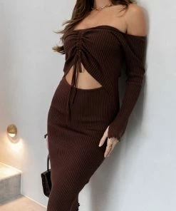 PUP4 Geneva Off Shoulder Midi Dress - Chocolate Brown