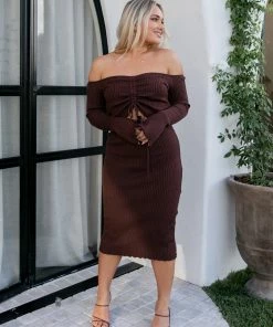 PUP4 Geneva Off Shoulder Midi Dress - Chocolate Brown
