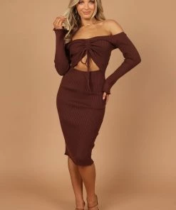 PUP4 Geneva Off Shoulder Midi Dress - Chocolate Brown