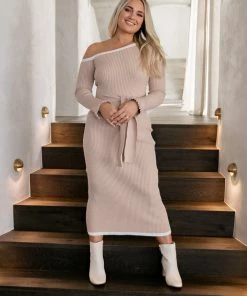 PUP4 Dresses Milan Off Shoulder Midi Dress - Beige