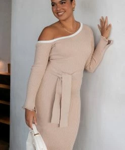 PUP4 Dresses Milan Off Shoulder Midi Dress - Beige