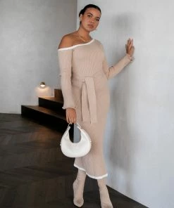 PUP4 Dresses Milan Off Shoulder Midi Dress - Beige