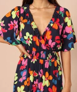 PUP49 Tibi Frill Neckline Maxi Dress - Black Floral