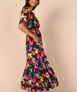 PUP49 Tibi Frill Neckline Maxi Dress - Black Floral