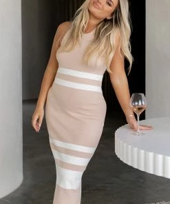 PUP4 Vienna Stripe Midi Dress - Beige White Stripe Dresses