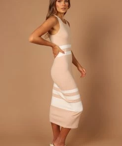 PUP4 Vienna Stripe Midi Dress - Beige White Stripe Dresses