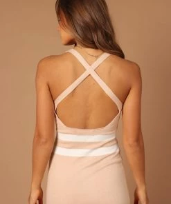 PUP4 Vienna Stripe Midi Dress - Beige White Stripe Dresses