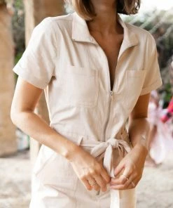 PUP63 Dana Utility Waist Tie Jumpsuit - Beige Clothing