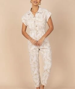 PUP50 Clothing Etosha Button Up Jumpsuit - Beige Print