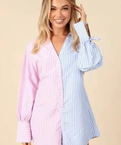 PUP14 Della Stripe Long Sleeve Romper - Pink/Blue Clothing