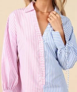 PUP14 Della Stripe Long Sleeve Romper - Pink/Blue Clothing