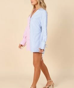 PUP14 Della Stripe Long Sleeve Romper - Pink/Blue Clothing