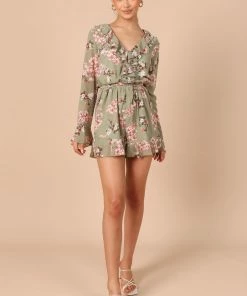 PUP14 Rilynn Frill Long Sleeve Playsuit - Sage Floral