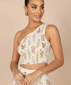 PUP52 August Shirred Cropped Top - Beige Floral