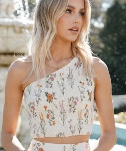 PUP52 August Shirred Cropped Top - Beige Floral