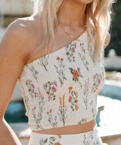 PUP52 August Shirred Cropped Top - Beige Floral