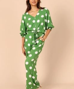 PUP49 Blake Polka Dot V Neck Top - Green