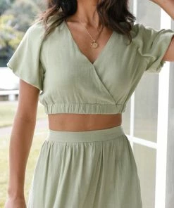 PUP52 Cecily V Neck Cropped Top - Sage