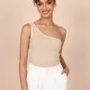 PUP65 Erin One Shoulder Ribbed Top - Beige Clothing