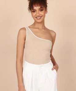 PUP65 Erin One Shoulder Ribbed Top - Beige Clothing