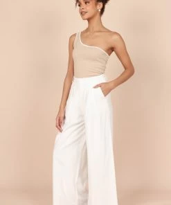 PUP65 Erin One Shoulder Ribbed Top - Beige Clothing