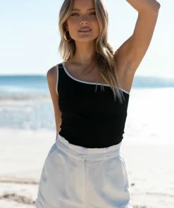 PUP65 Erin One Shoulder Ribbed Top - Black Clothing