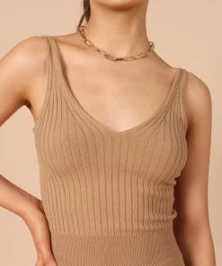 PUP65 Gemma V Neck Tank Top - Camel Clothing