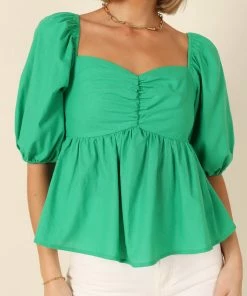 PUP4 Joanna Puff Sleeve Peplum Top - Green Clothing