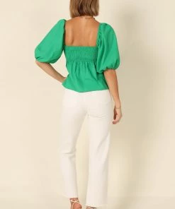 PUP4 Joanna Puff Sleeve Peplum Top - Green Clothing