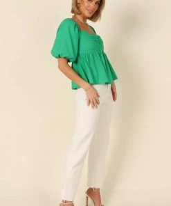 PUP4 Joanna Puff Sleeve Peplum Top - Green Clothing