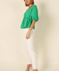 PUP4 Joanna Puff Sleeve Peplum Top - Green Clothing