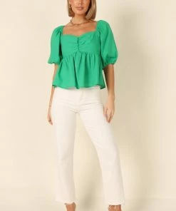 PUP4 Joanna Puff Sleeve Peplum Top - Green Clothing