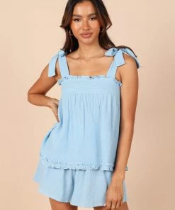 PUP50 Karlee Tie Shoulder Smock Top - Blue Clothing